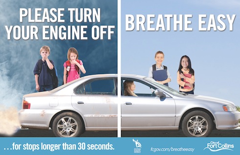 Text of image says Please turn your engines off, breath easy. The image shows 2 coughing kids due to exhaust from a car on one half, and two kids smiling with no exhaust on the other half.