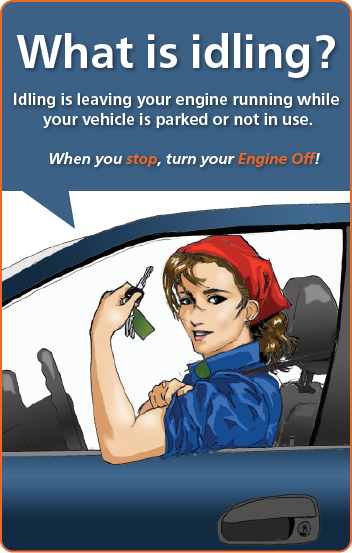 Woman in a car that looks like Rosie the Riveter with text that explains what idling is: leaving a car on while it isn't moving.
