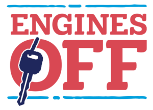 Engines Off Logo is a red and blue logo with a key