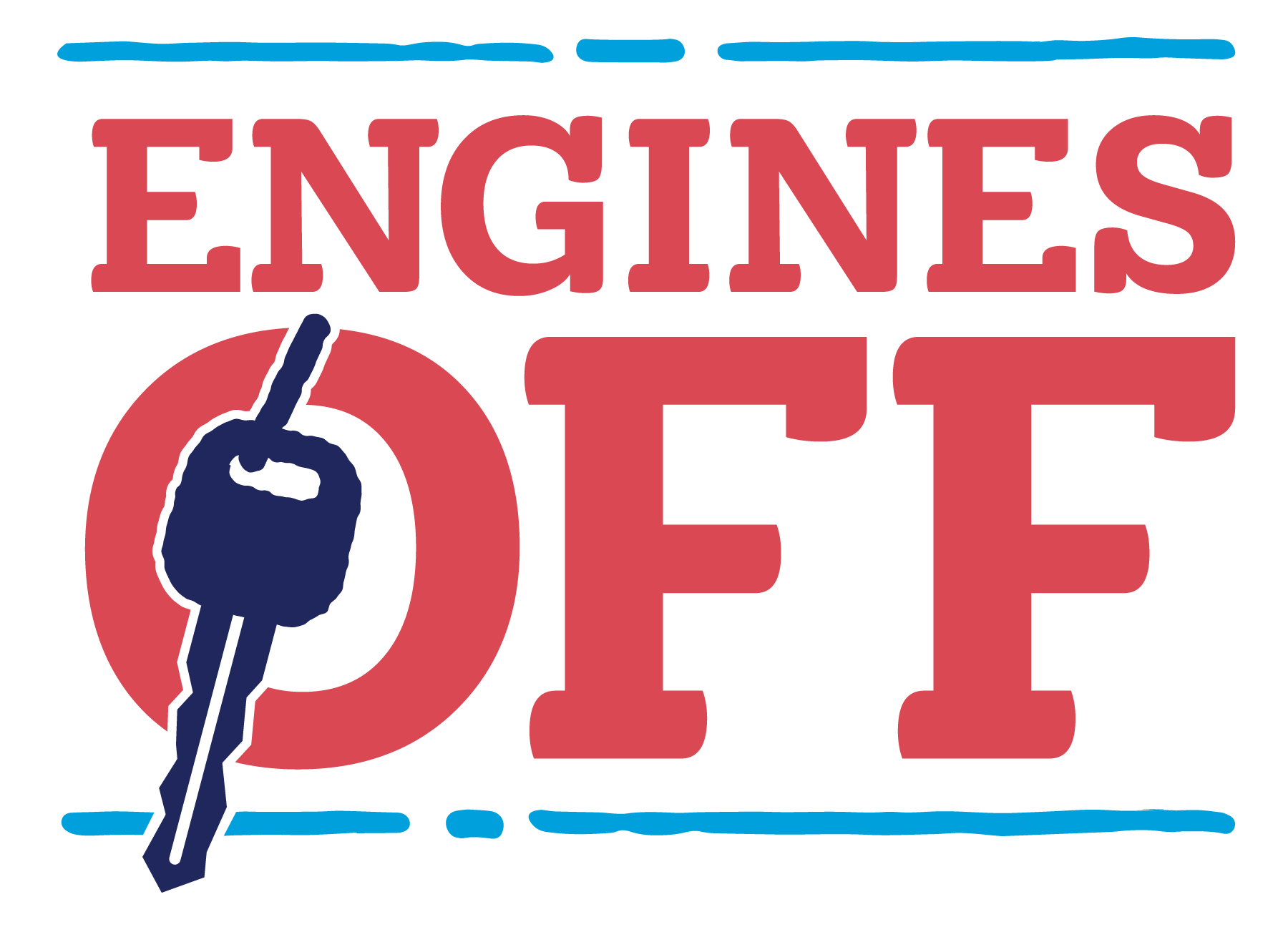 Engines Off Logo is a red and blue logo with a key