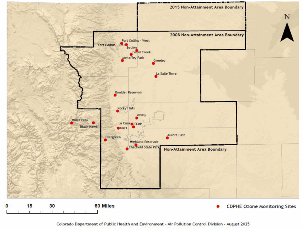A map showing the locations of air quality monitors in and near the Denver Metro/North Front Range. The maps shows 19 monitors across Weld, Larimer, Boulder, Denver, Jefferson, Adams, and Arapahoe Counties as of August 2025.