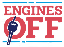 Engines Off Logo is a red and blue logo with a key
