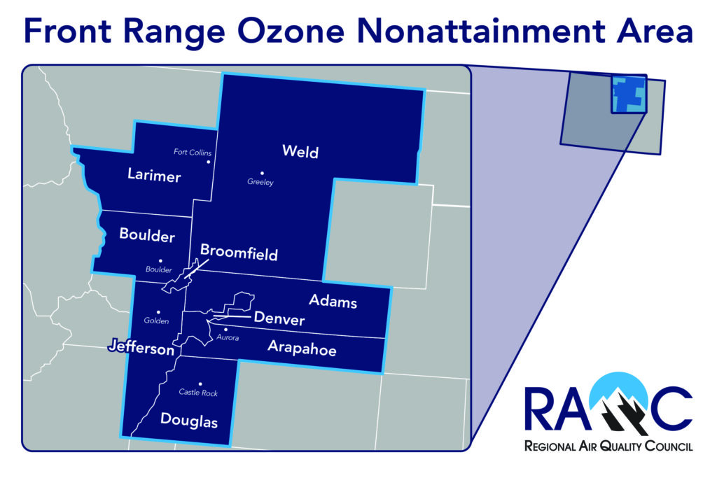 Colorado's Ozone Nonattainment Area, which stretches from the Wyoming border in the north to the mountains in the west, past Castle Rock at the south end, and east past Denver, Fort Collins, and Greeley into the middle of the state's plains.